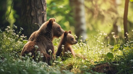 Wall Mural - Mother bear looking after her cub amidst a meadow of daisies.