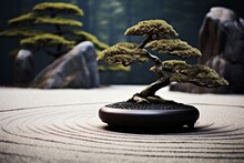 : A Zen Garden With Carefully Raked Gravel Around A Solitary Bonsai Tree, Embodying Tranquility And Balance.