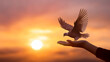 Silhouette pigeon flying out from hands in a sunset background. Freedom concept. Generative AI