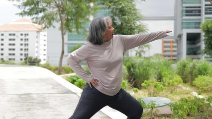 Wall Mural - Asian elderly woman exercising in an outdoor park. Sports concept. Elderly health care