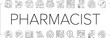 pharmacist medicine retail icons set vector. pharmacy drugstore, tablet woman, computer prescription, digital hospital, online pharmacist medicine retail black line illustrations