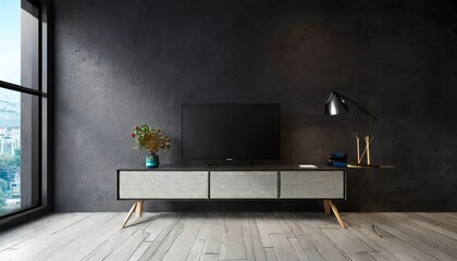 Poster - modern bureau or tv console mockup in empty living room with black concrete wall 3d rendering