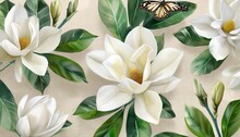 Big White Magnolia Flowers On Beige Background Green Leaves Beautiful Tropical Butterflies Watercolour 3d Illustration Hand Drawn Digital Paper Luxury Wallpaper Premium Mural Cloth Textile
