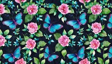 Blue Butterflies Ivy Pink Rose Flowers Tropical Green Leaves Seamless Pattern Dark Background Texture 3d Illustration Watercolor Painting Luxury Wallpaper Premium Design Modern Digital Art