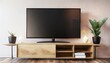 black smart tv mockup on wooden console 3d rendering
