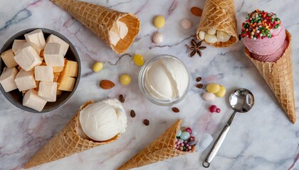 ice cream ingredients view from above on a marble background ice cream in a bowl ice cream cones spoon marshmallows cupcake papers top view