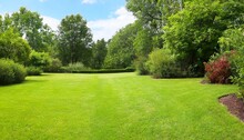 Beautiful Wide Format Image Of A Manicured Country Lawn Surrounded By Trees And Shrubs On A Bright Summer Day Spring Summer Nature