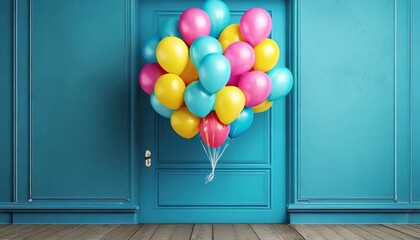 Wall Mural - render of colorful balloons floating through blue door