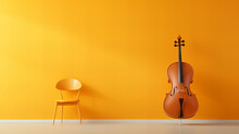 Violin In A Room, Yellow Vintage Solid Body Electric Guitar With Red Ribbon Bows On Fretboard. A Concept Image For Christmas And Holiday Season Music Event