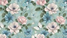 Luxury Wallpaper Mural Rose Pink Anemone Flowers Green Vintage Leaves White Gypsophila Blue Butterflies Seamless Background Tropical Texture 3d Hand Painted Illustration Digital Art Poster