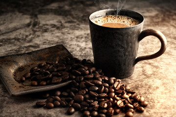 Wall Mural - Hot coffee in an old metal mug with coffee beans