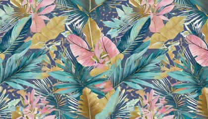 Canvas Print - pastel color banana leaves palms tropical seamless pattern hand painted vintage 3d illustration bright glamorous floral background design luxury wallpaper cloth fabric printing digital paper