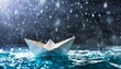 origami ship sailing through rain wind and wave surviving tough time business resilience or life resilience concept