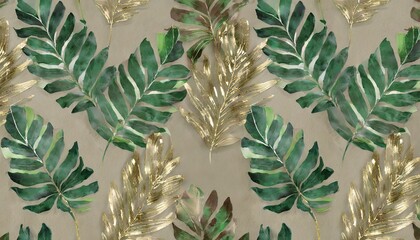 vintage tropical green brown leaves beige background golden texture luxury mural premium wallpaper 3d painting illustration watercolor design seamless border stylish cloth paper packaging