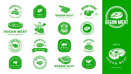 Wall Mural - Logo mega collection. Vegetarian meat Premium logo. Plant based meat logo. Vegan steak with leaf vector design. Vegan meat made from plants.