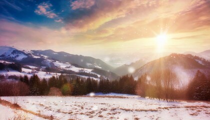 Canvas Print - winter mountain landscape colorful overcast sky with lens flare bokeh