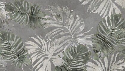 Naklejka na meble photo wallpaper with tropical leaves decorative fresco in the grunge style palm leaves on a gray background large tropical leaves