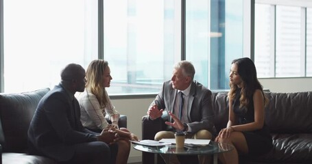 Poster - Business people, discussion and meeting in office for planning, collaboration or teamwork review. Employees, men and women with conversation for proposal, project or communication at workplace or job