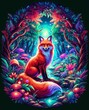 © Artificial Ambience - Bright Fantasy Red Fox Animal Portrait in Neon Light Magic Forest Scene Bright Vivid Colorful Digital Generated Illustration