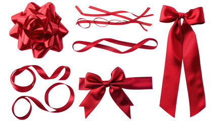 Set of red silk tied bow and wavy red ribbon for gift package decoration on white backgroun