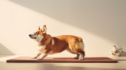  Corgi dog doing downward facing dog yoga pose while sitting on a mat on a light background.