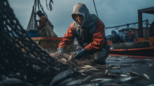 Fisherman Remove The Fish From Trap In A Fish Boat On The Rain