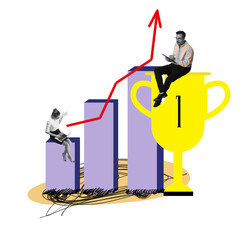 Wall Mural - Colleagues, man and woman working on strategy, developing successful plan for growth. Analytical arrow going up. Success. Contemporary art. Concept of business, public relations, marketing, management