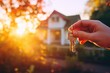 © Marvin - Close-up of keys being held in front of a house, symbolizing the purchase of a new house, real estate concept