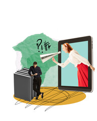 Wall Mural - female project manager sticking out of tablet, shouting in megaphone at male employee reading social