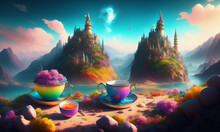Fantasy Art Rainbow Tea Cup. Generative AI
