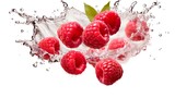 Fototapeta Kuchnia - Splashes of water splashes with raspberries, on a white background.