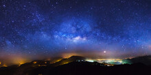 Panorama Milky Way Galaxy At Doi Inthanon Chiang Mai, Thailand. Long Exposure Photograph. With Grain