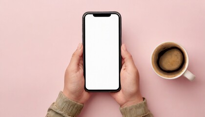 Hand using smartphone with blank screen, isolated on pink background