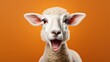 cute emotional sheep looking surprised, reacting  impressed, standing over yellow background. Generative AI