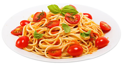 Wall Mural - Traditional Italian linguini pasta with tomatoes isolated on transparent and white background.PNG image.