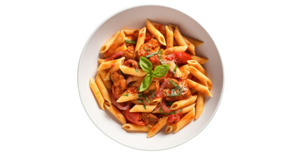 Wall Mural - Top-down view. Penne with meat, tomato sauce and vegetables isolated on a white background. 