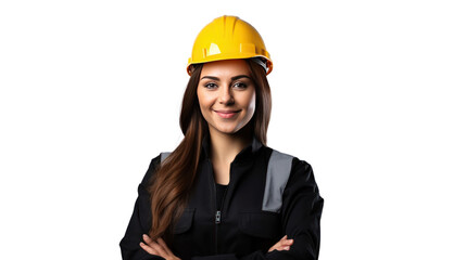 Wall Mural - Portrait of Female engineer happy with workplace, isolated on white background.