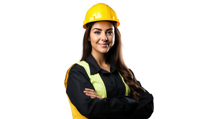 Wall Mural - Portrait of Female engineer happy with workplace, isolated on white background.