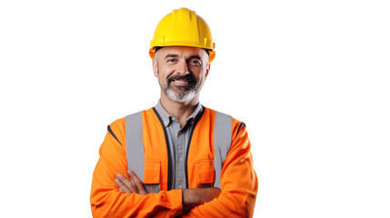 Wall Mural - Portrait of engineer man happy with workplace, isolated on white background.