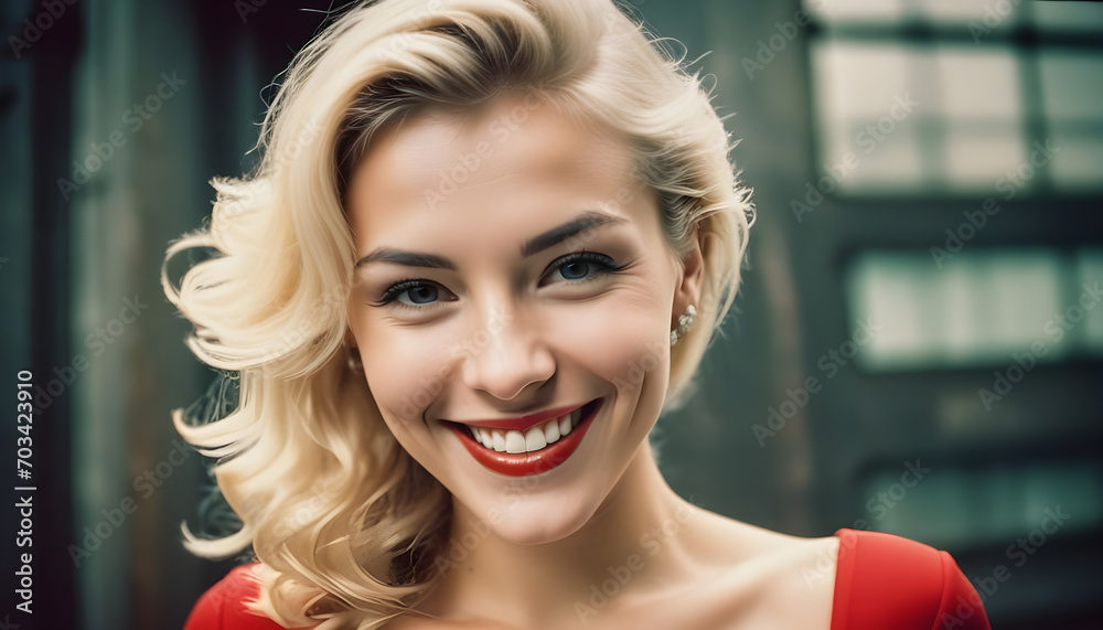 beautiful attractive blonde and her charming smile with red lipstick ...