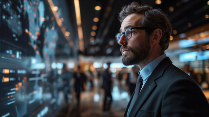 Wall Mural - professional man with glasses looking intently at data screens in a high-tech, modern control room or operations center