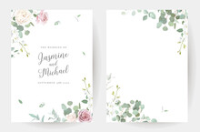 Floral Eucalyptus Selection Vector Frames. Hand Painted Branches, Pink Rose Flowers, Leaves On White Background
