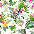 © lavendertime - Exotic tropical flowers, orchid, strelitzia, hibiscus, canna, calla lily, palm, monstera leaves vector seamless pattern.