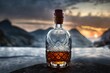 bottle of liquor in front of a lake background