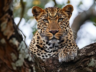 Poster - Majestic African leopard perched on a branch of a tree, staring directly at the camera.