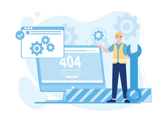 Wall Mural - repairman fixes computer error page not found flat illustration