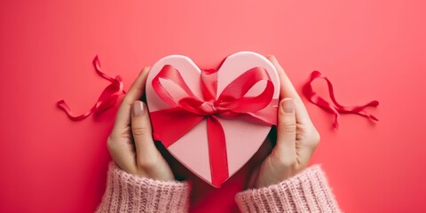 Wall Mural - Female hands holding a red heart shaped gift box on a red background, valentine celebration