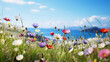 A coastal spring flower meadow blooms beautifully in this vividly depicted illustration