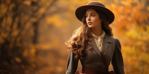 Canvas Print - Young woman in hat and autumn fall outfit hiking at the forest fashionable clothes, place for text, banner ratio