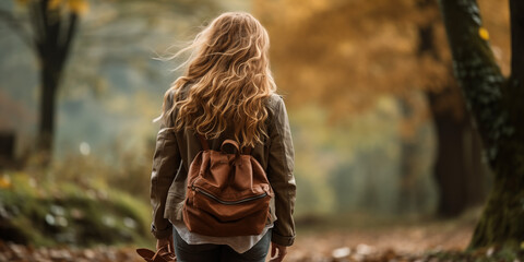 Wall Mural - back photo of a young long hair woman on excursion tour in the autumn fall forest